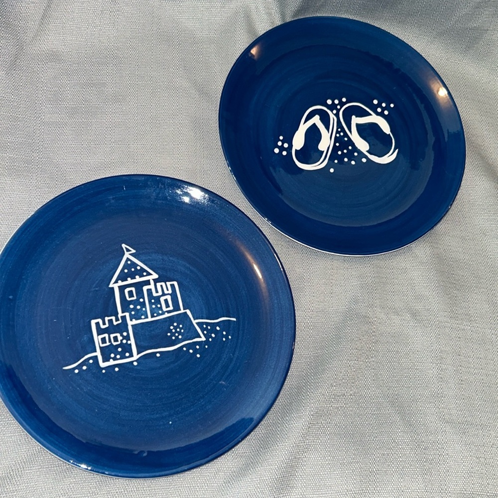Sandcastle and flip-flops dessert/salad plates, blue and white.  Both for $22